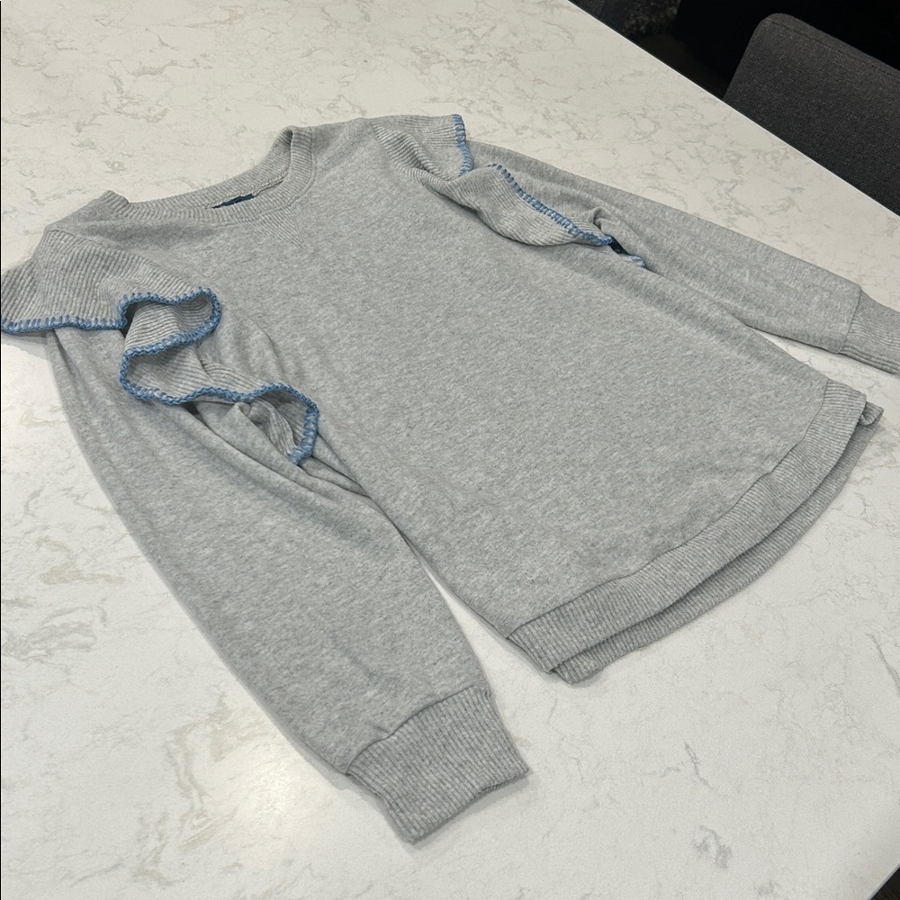 Democracy Brushed Sweater Knit Ruffled Top Light Heather‎ Gray Blue Ruffle Trim - Picture 15 of 15